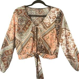 Willow & Root Patchwork Front Tie Long Sleeve Top